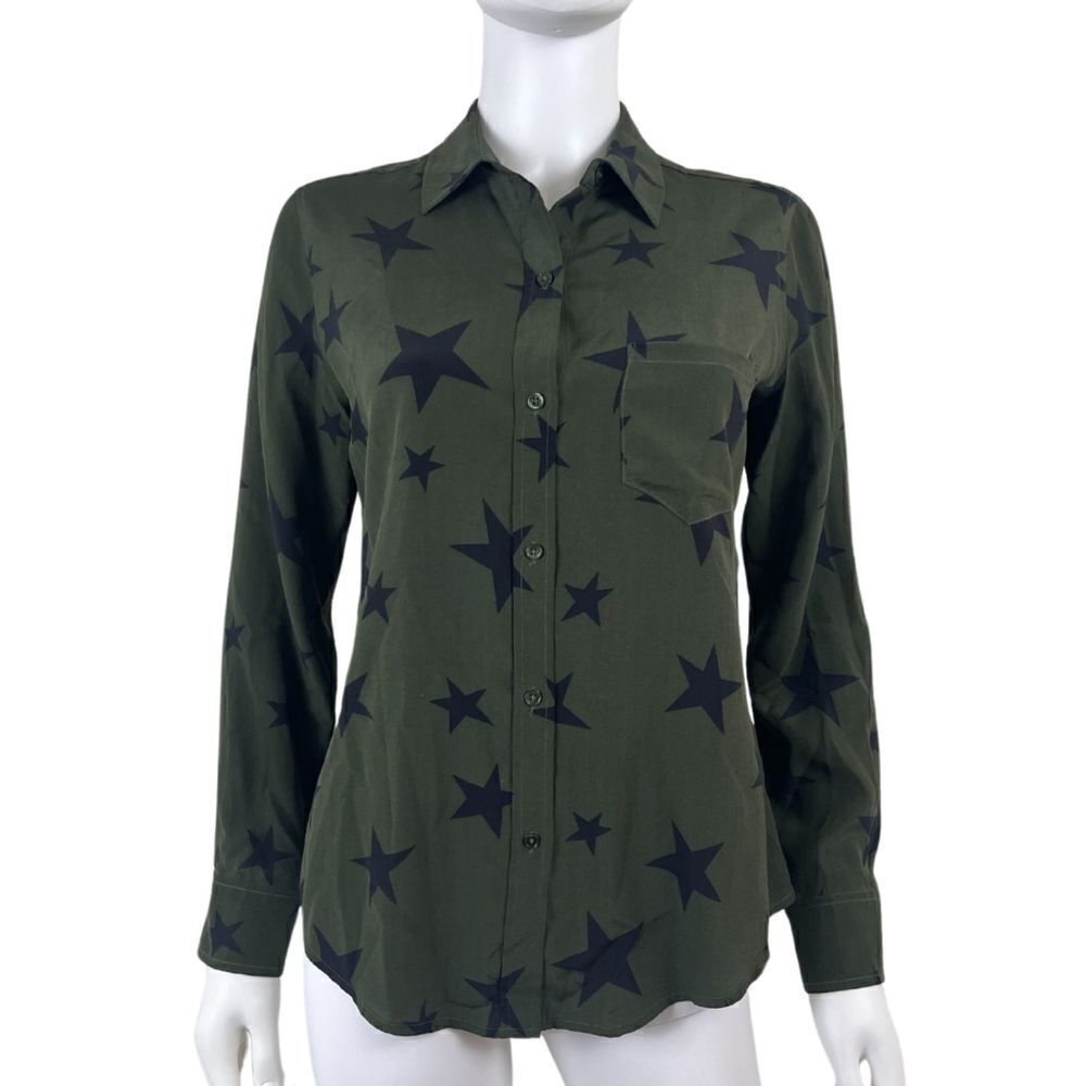 Rails Womens Size XS Green Silk Star Button Up Blouse Top Long Sleeve Patriotic